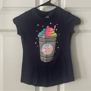 Justice Girls Sparkly Unicorn Latte Short Sleeve Shirt, Blue, size 6-7